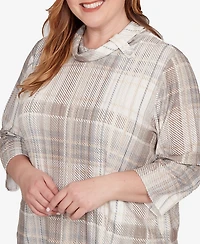 Alfred Dunner Plus Vienna Draped Cowl Neckline Plaid Knit Top