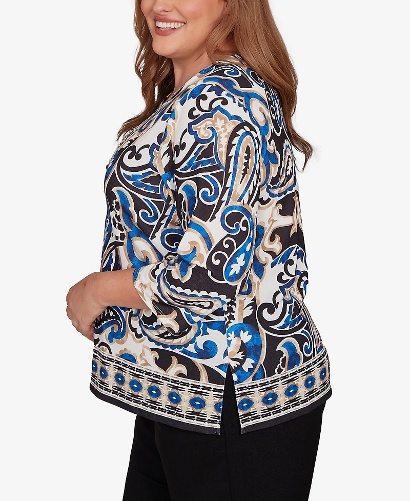 Alfred Dunner Plus Barcelona Paisley Knit Top With Necklace