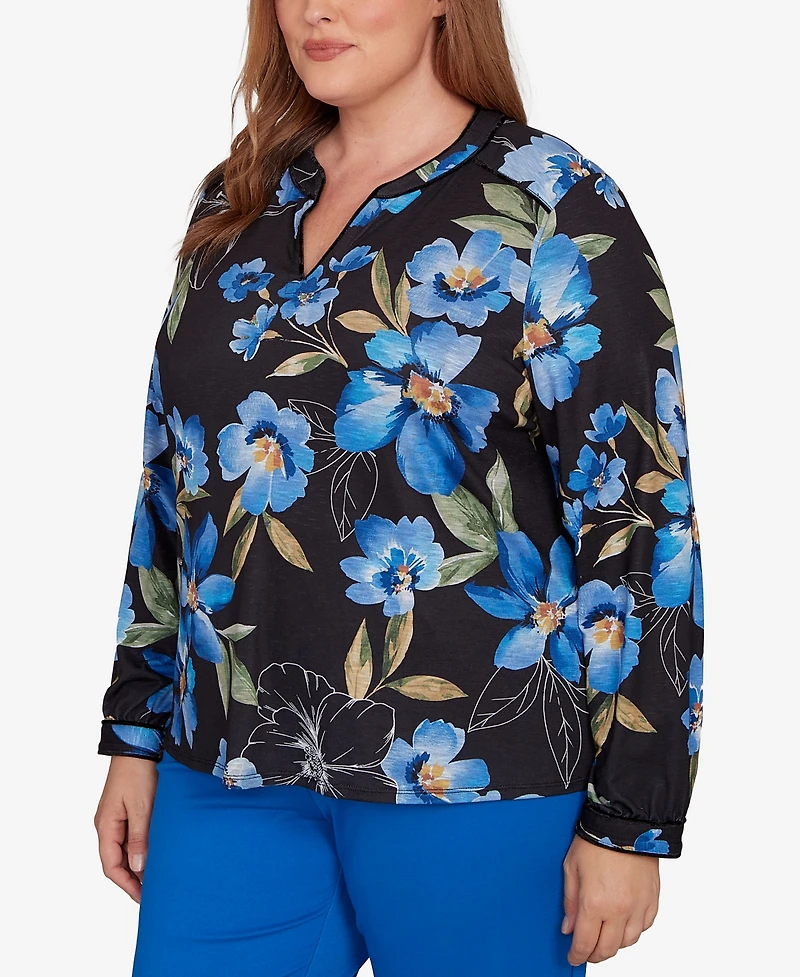 Alfred Dunner Plus Barcelona Watercolor Floral Velvet Trim Top
