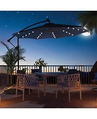 Clihome 11FT Solar Offset Umbrella with 32 Led Lights Cantilever Hanging Outdoor Umbrellas Handy Crank & Cross Base for Deck/Backyard/Pool，Red