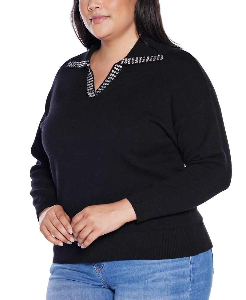 Belldini Plus Rhinestone-Trimmed Split-Neck Sweater