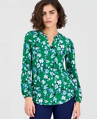 Ak Anne Klein Women's Printed Split-Neck Long-Sleeve Top