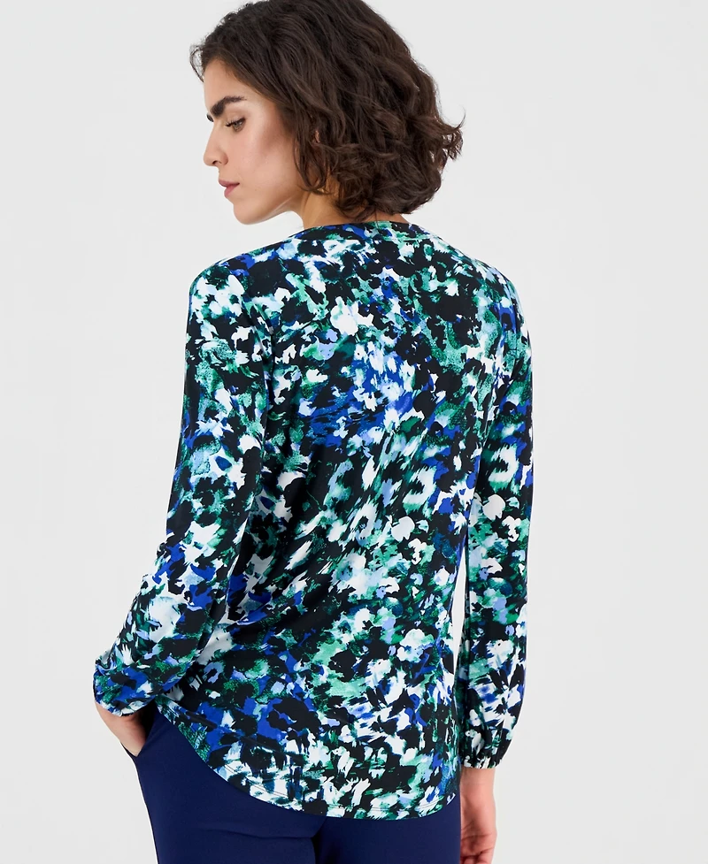 Ak Anne Klein Women's Printed Split-Neck Long-Sleeve Top