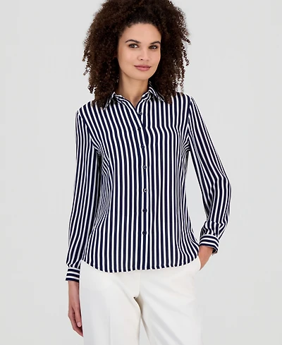 Ak Anne Klein Petite Stripe Button-Front Slim-Fit Shirt