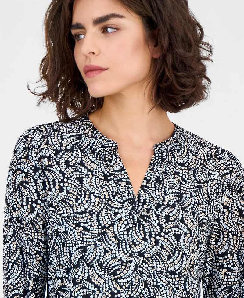 Ak Anne Klein Women's Printed Split-Neck Long-Sleeve Top