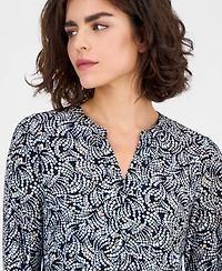 Ak Anne Klein Women's Printed Split-Neck Long-Sleeve Top