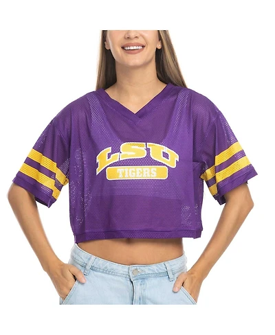 ZooZatz Women's Purple Lsu Tigers Mesh Cropped V-Neck T-Shirt