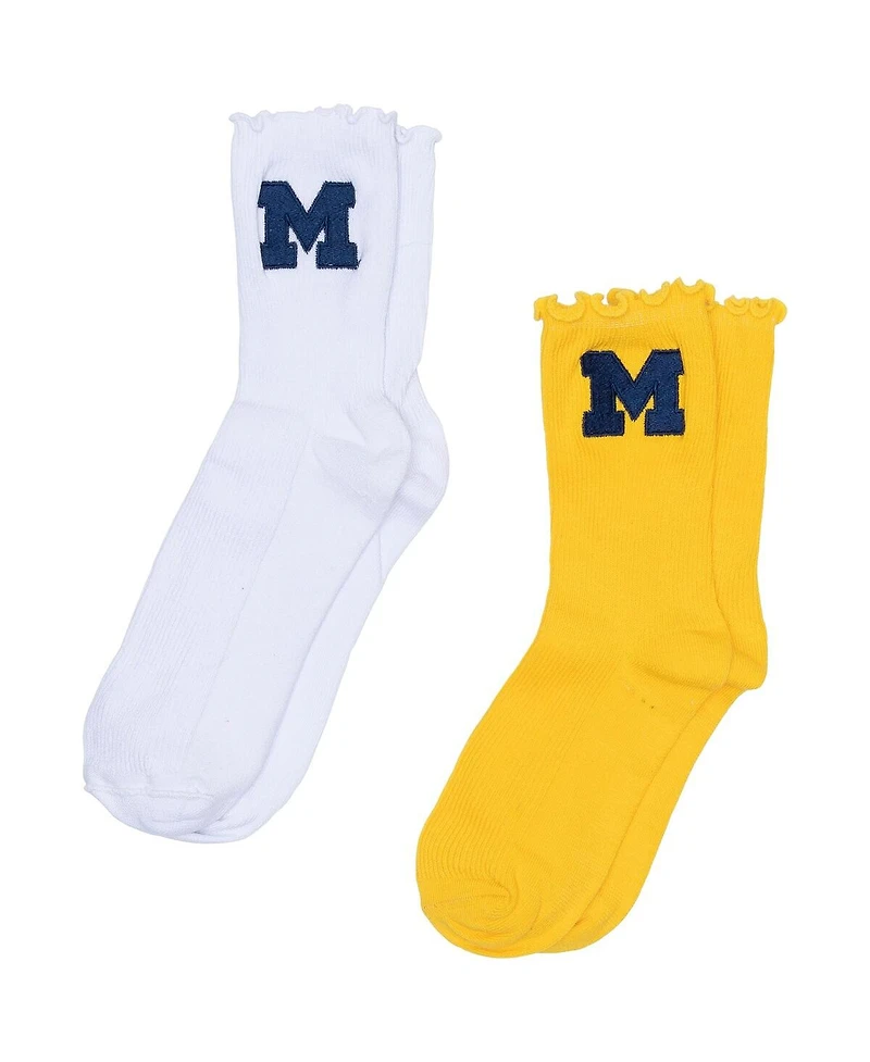 ZooZatz Women's 2-Pack White/Maize Michigan Wolverines Lettuce Hem Crew Socks