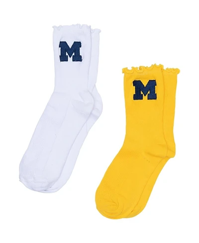 ZooZatz Women's 2-Pack White/Maize Michigan Wolverines Lettuce Hem Crew Socks