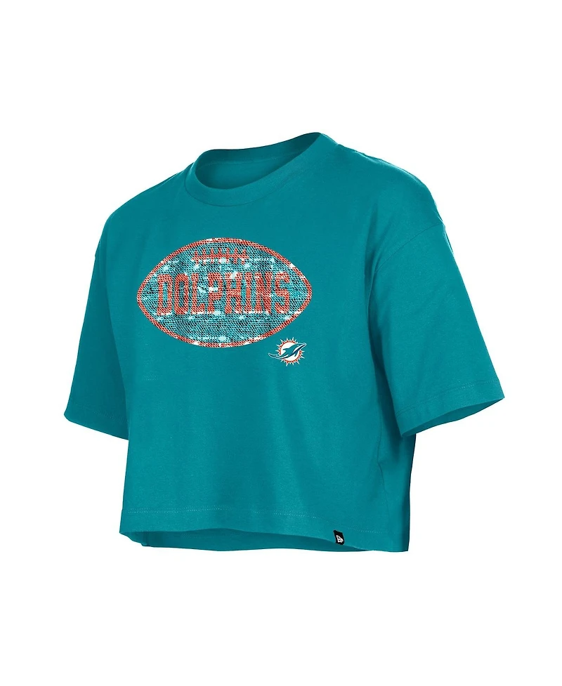 New Era Girls Aqua Miami Dolphins Flip Sequin Boxy T-Shirt