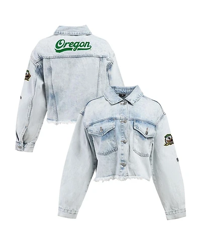 Hype and Vice Women's Denim Oregon Ducks Lightwash Cropped Button-Up Jean Jacket