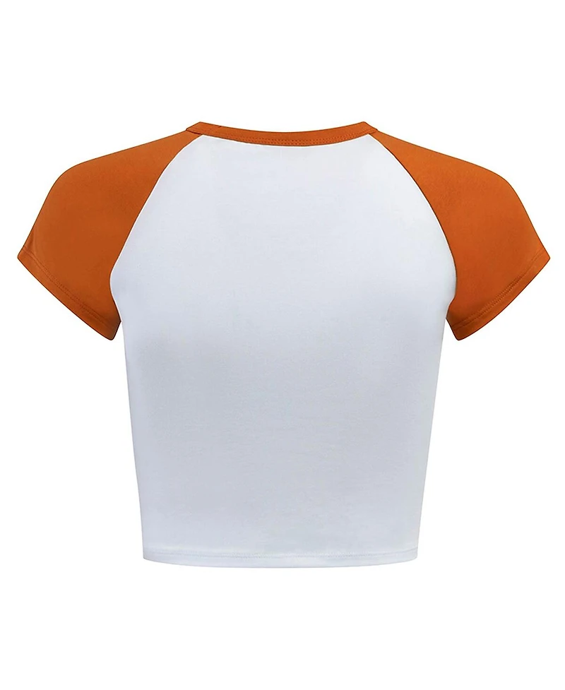 Hype and Vice Women's White/Texas Orange Texas Longhorns Homerun Cropped Raglan T-Shirt