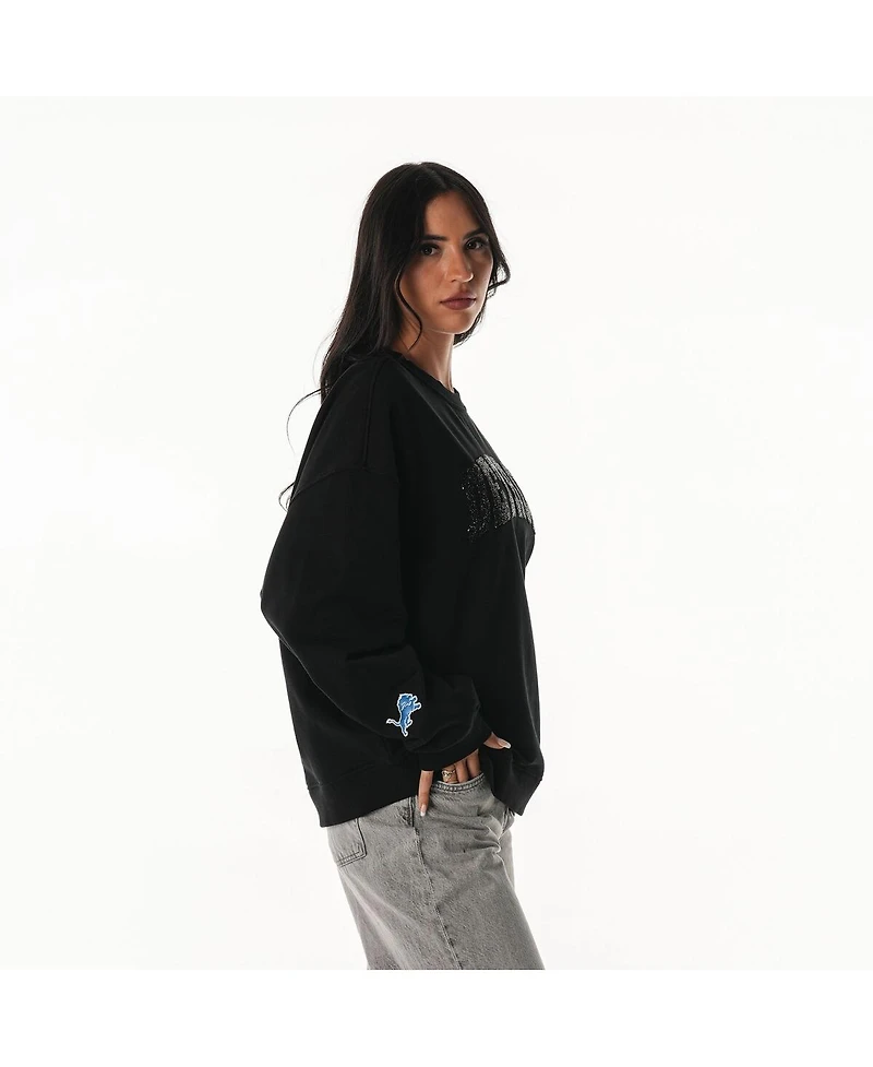 The Wild Collective Women's Black Detroit Lions Rock Crystal Oversized Crewneck Sweatshirt