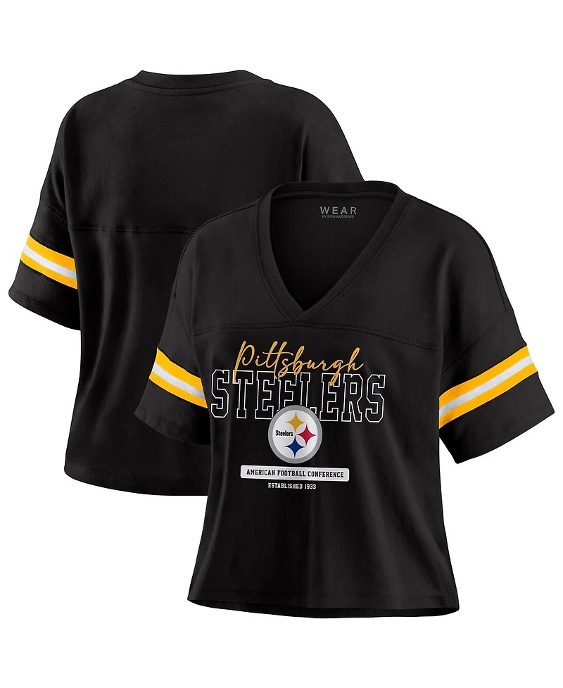 Wear by Erin Andrews Women's Black Pittsburgh Steelers Color Block Boxy Modest Crop V-Neck T-Shirt