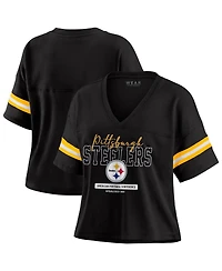 Wear by Erin Andrews Women's Black Pittsburgh Steelers Color Block Boxy Modest Crop V-Neck T-Shirt