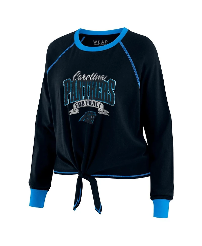 Wear by Erin Andrews Women's Black/Blue Carolina Panthers Tie-Front Long Sleeve Top