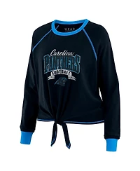 Wear by Erin Andrews Women's Black/Blue Carolina Panthers Tie-Front Long Sleeve Top