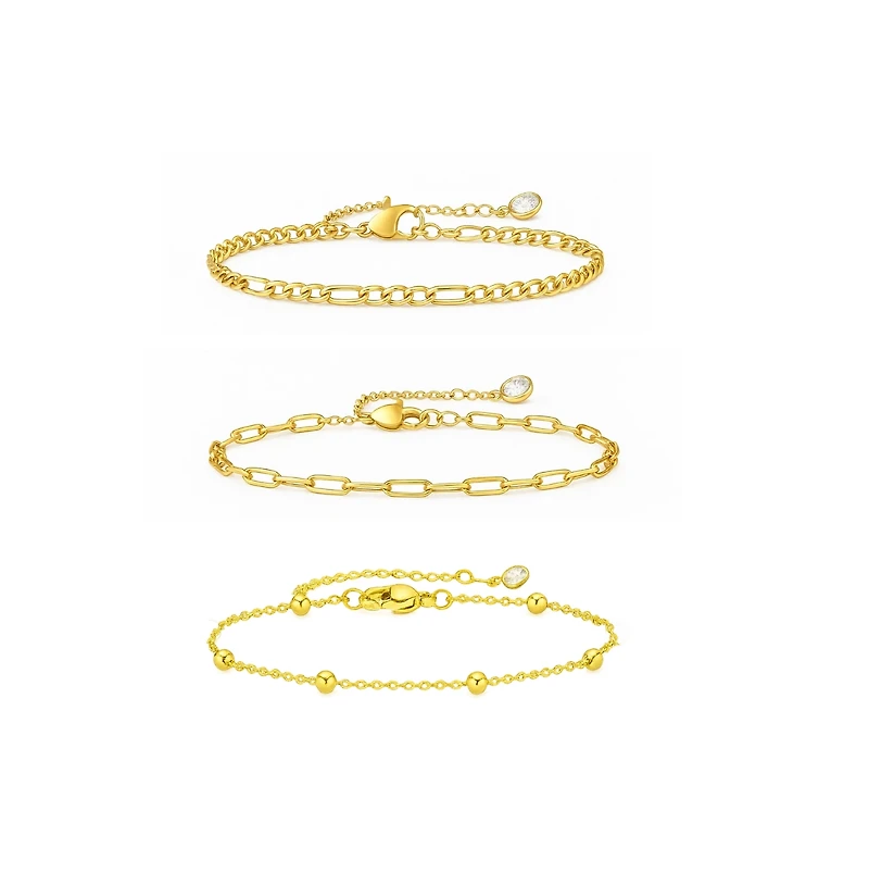 Adriana 3-Piece Stackable Bracelet Trio Set, Beaded, Figaro, Paperclip Link