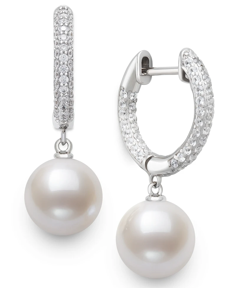 Belle de Mer Cultured Freshwater Pearl (10-11mm) and Lab Created Sapphire Drop Earrings in Sterling Silver