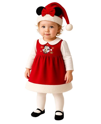 Disney Baby Girls 3-Piece Minnie Mouse Holiday Dress, Tights and Hat Set
