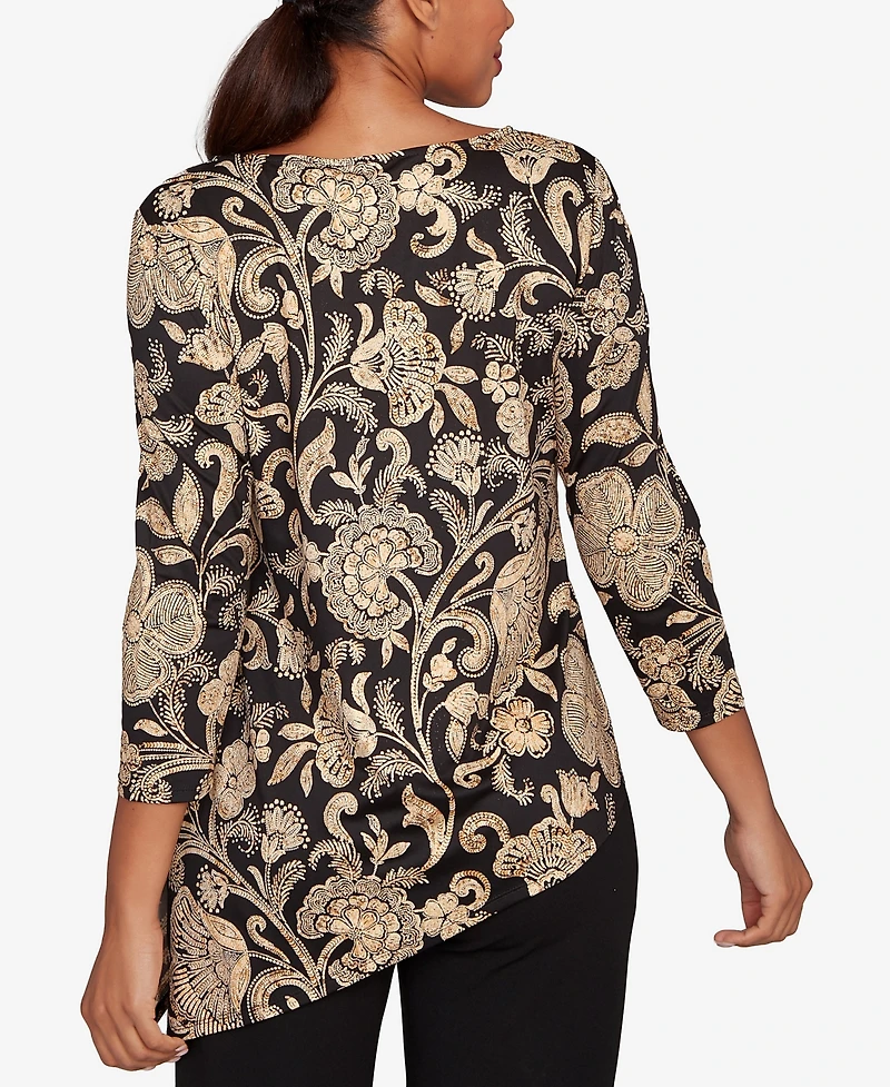 Ruby Rd. Petite Gold Foil Floral Printed Knit Top