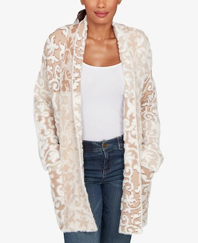 Ruby Rd. Petite Eyelash Scroll Jacquard Cardigan Sweater