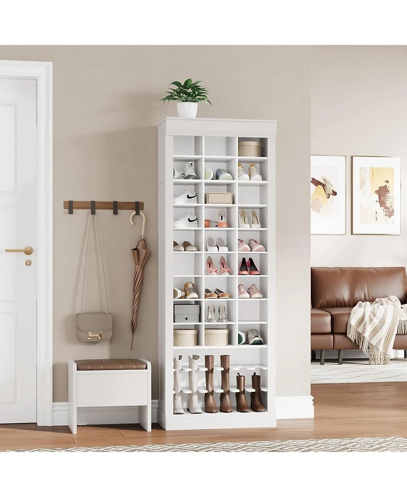 Shoe Cabinet, 10-Tier Entryway Storage Cabinet with 27 Cubbies and Tall Boots Storage, Freestanding Tall Shoe Organizer Racks for Entryway, White