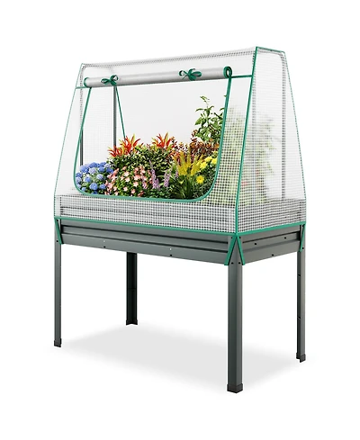 Gymax Raised Garden Bed w/ Cover & Legs Roll-up Window Climbing Trellis Drainage Holes