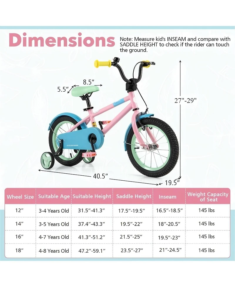 Kids Bike with Adjustable Handlebar and Saddle Pink-14 Inches