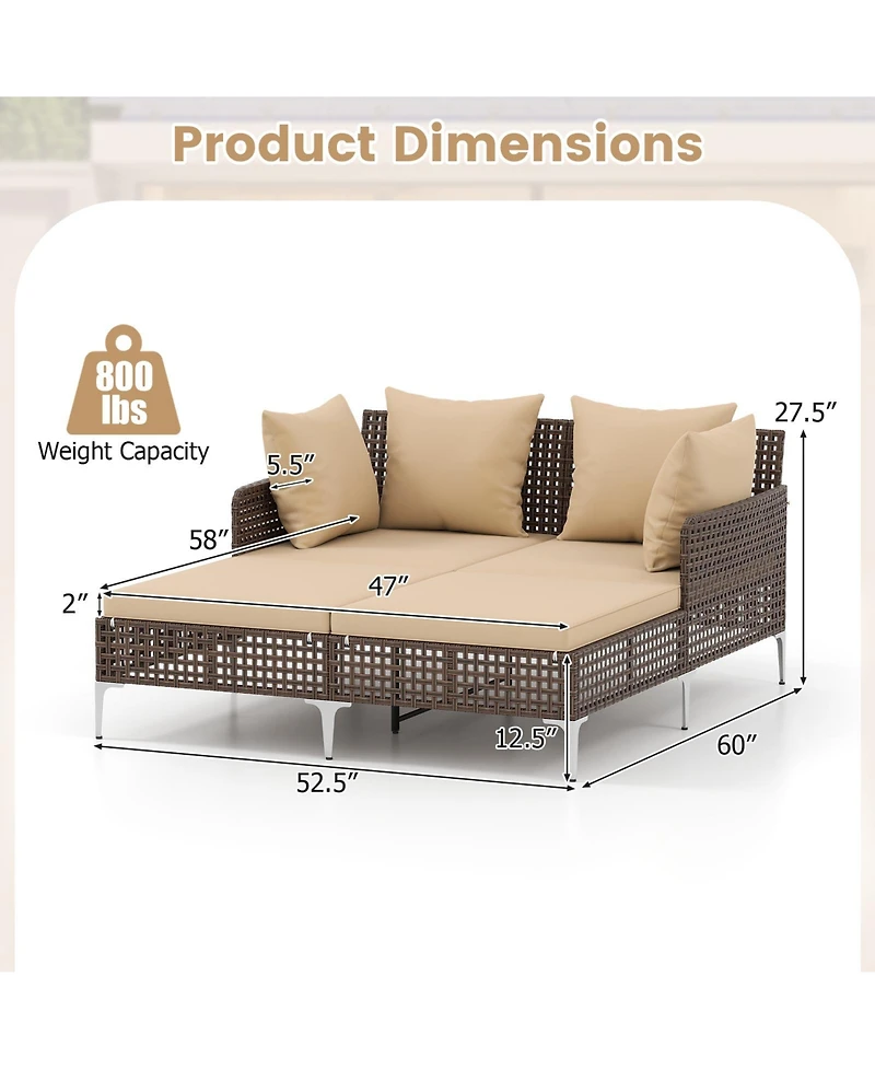 Gymax Outdoor Rattan Double Daybed Wicker Chaise Lounge for 2 w/ Seat & Back Cushions