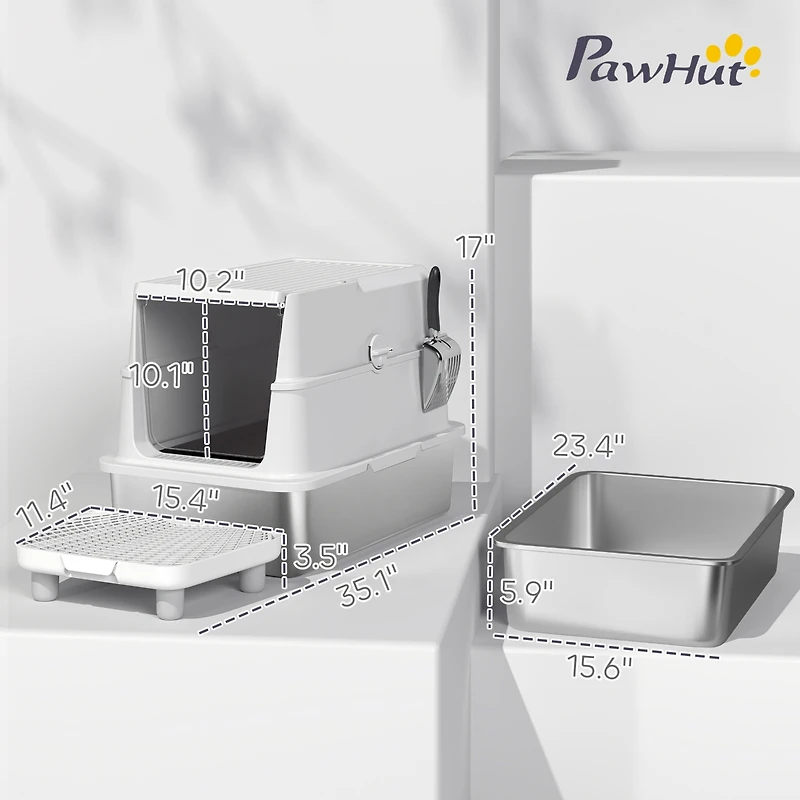 PawHut Xl Stainless Steel Cat Litter Box for Big Cats with Flip Cover