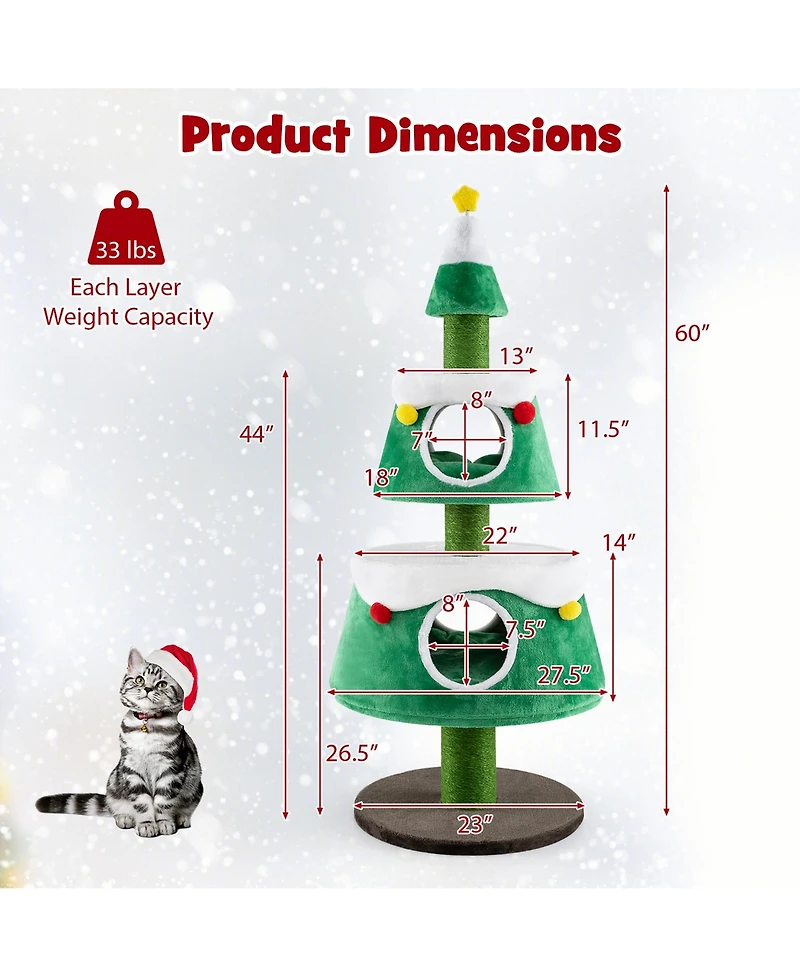Gymax Christmas Cat Tree for Indoor Cats w/ 2 Condos Sisal Scratching Posts Spring Toy