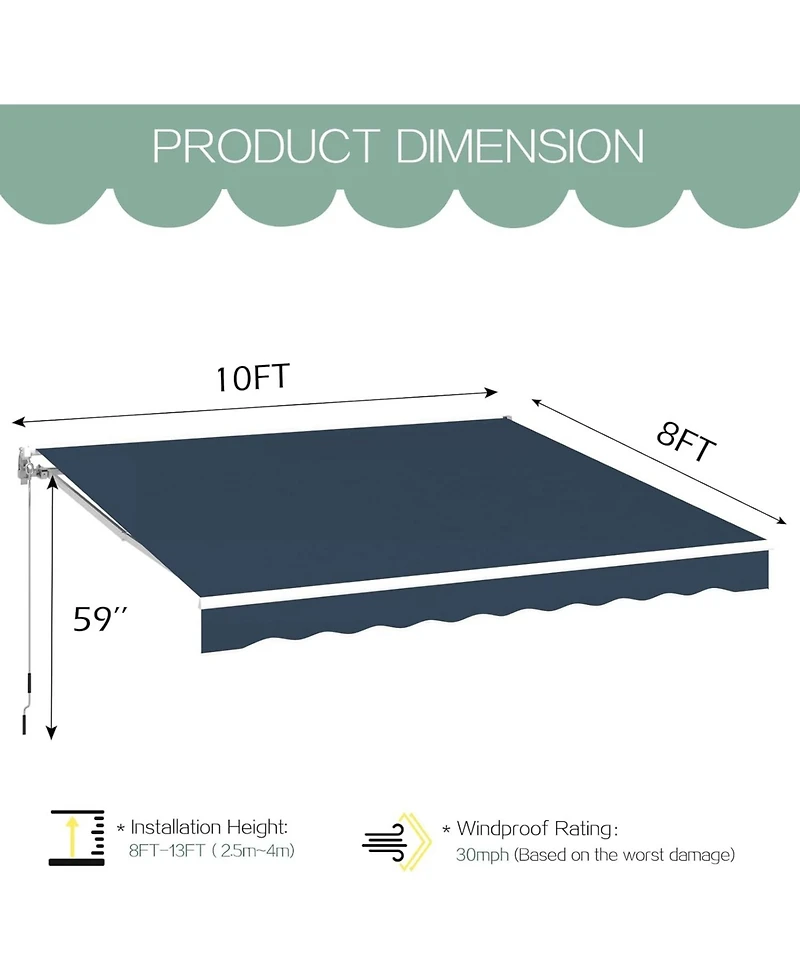 Aecojoy 10'x8' Manual Retractable Awning Sun Shade, Patio Awning Canopy