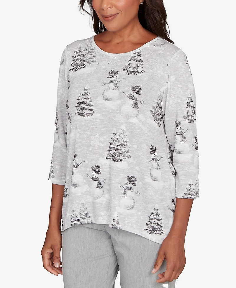 Alfred Dunner Petite Stockbridge Playful Snowmen Scene Knit Top