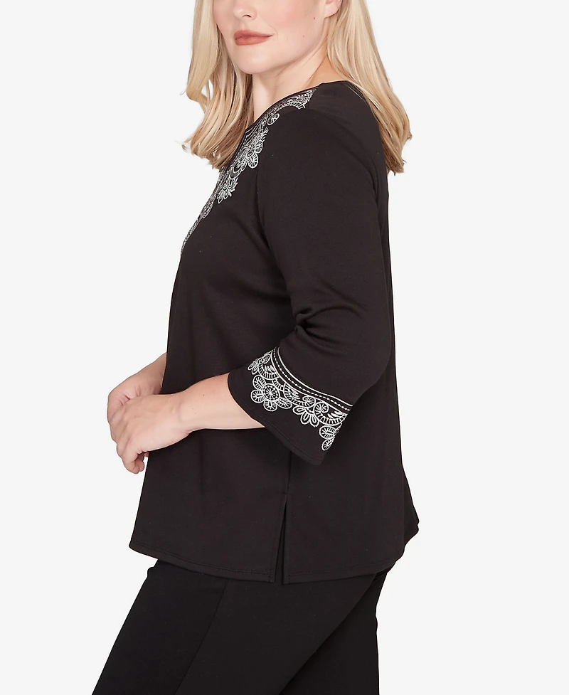 Alfred Dunner Petite Barcelona Embroidered Scroll Accent Soft Knit Top