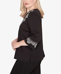 Alfred Dunner Petite Barcelona Embroidered Scroll Accent Soft Knit Top