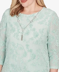 Alfred Dunner Petite Stockbridge Floral Velvet Soutache Mesh Top with Necklace