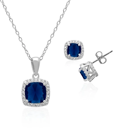 Macy's 2-Piece Set Lab Grown White Opal (2 ct. t.w.) and Sapphire (5 Cushion Halo Pendant Necklace with Matching Earrings Sterling Silver