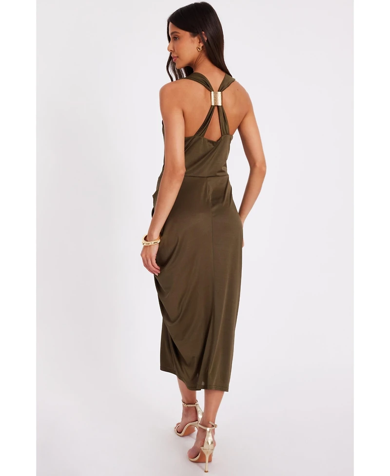 Quiz Women's Disco Cowl Hardware Detail Back Ruched Midi Dress