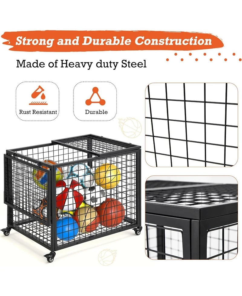 Aecojoy Ball Cart Storage, Rolling Basketball Bin with Wheels for Garage, School, Gym, Sports Equipment and Toy Organizer