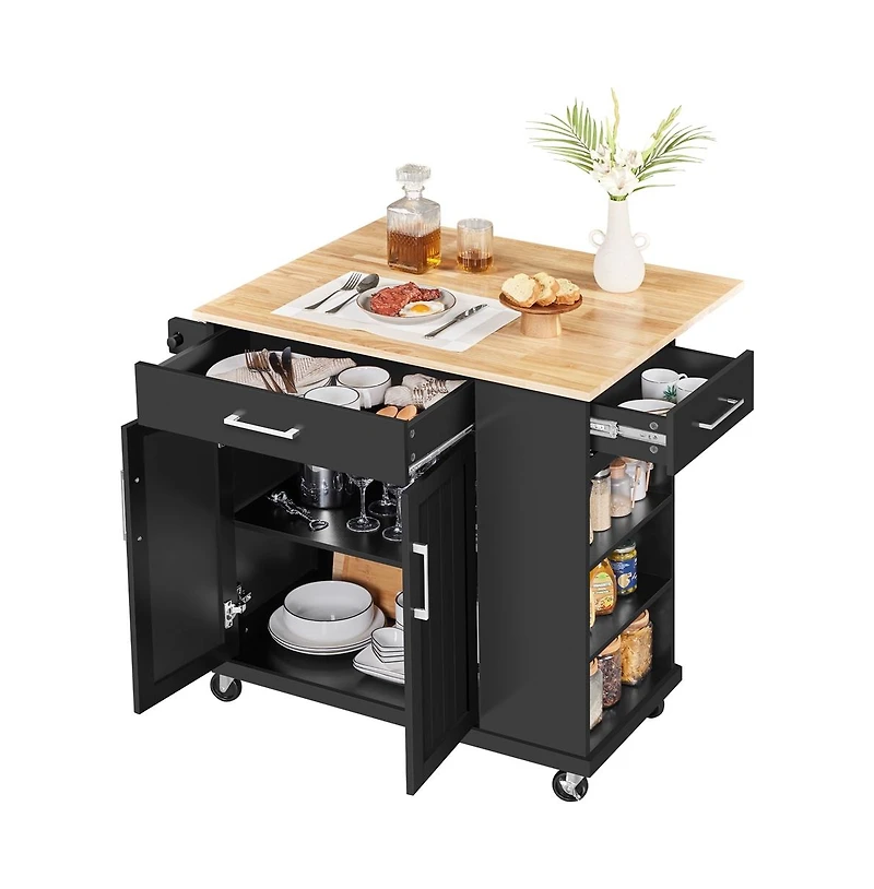 36” H Kitchen Island Cart on Wheels with Solid Wood Top & Storage White