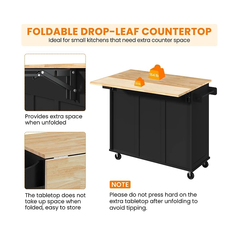 Kitchen Cart with Wood Top and Drop Leaf Breakfast Bar White