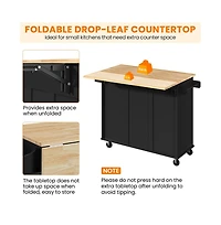 Kitchen Cart with Wood Top and Drop Leaf Breakfast Bar White