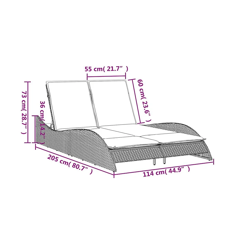 Patio Sun Lounger Light Gray Pe Rattan, Powder-Coated Steel Double