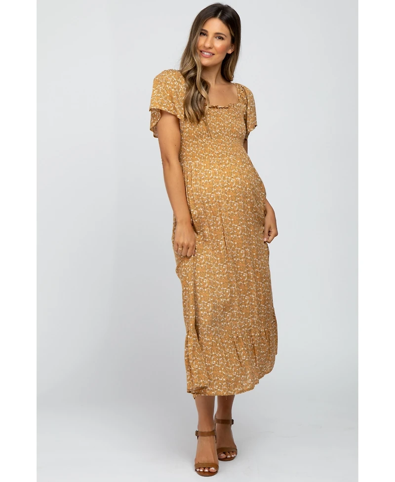 Pinkblush Maternity Mustard Floral Smocked Maxi Dress