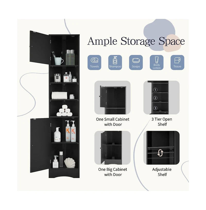 Chic Crate-Multi-Functional Corner Cabinet Tall Bathroom Storage w/ 2 Doors & Adj. Shelves + Open Shelf | Black
