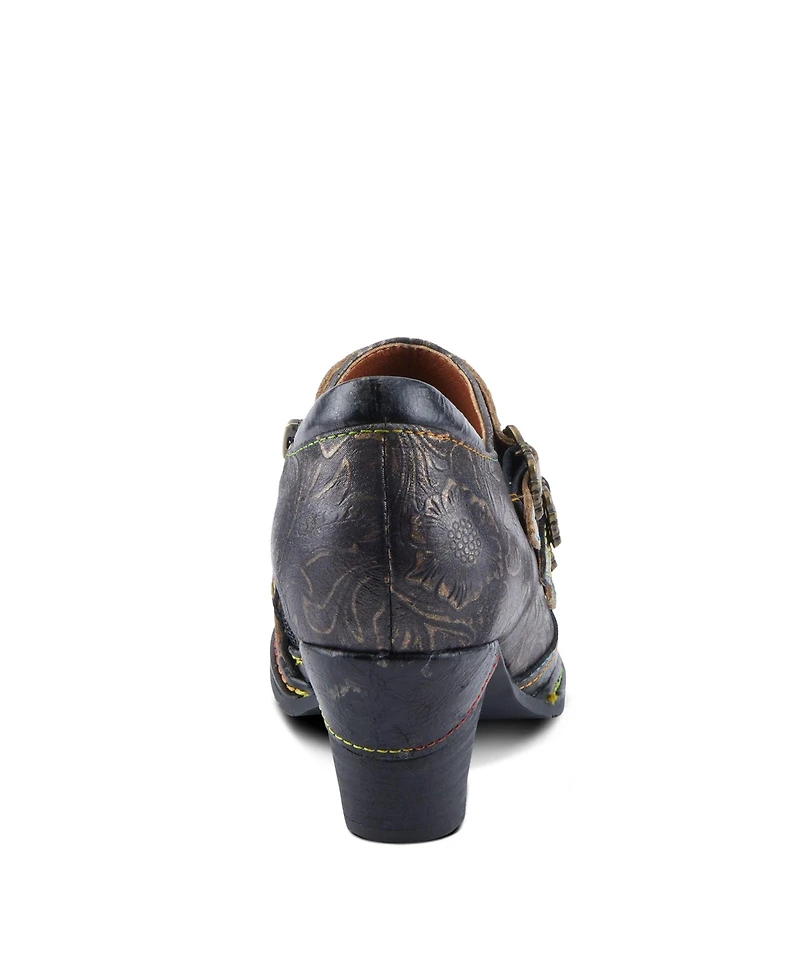 L Artiste Women s Graphic Handpainted Floral Leather Shooties with Antique Buckle and Stacked Heel