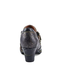 L Artiste Women s Graphic Handpainted Floral Leather Shooties with Antique Buckle and Stacked Heel