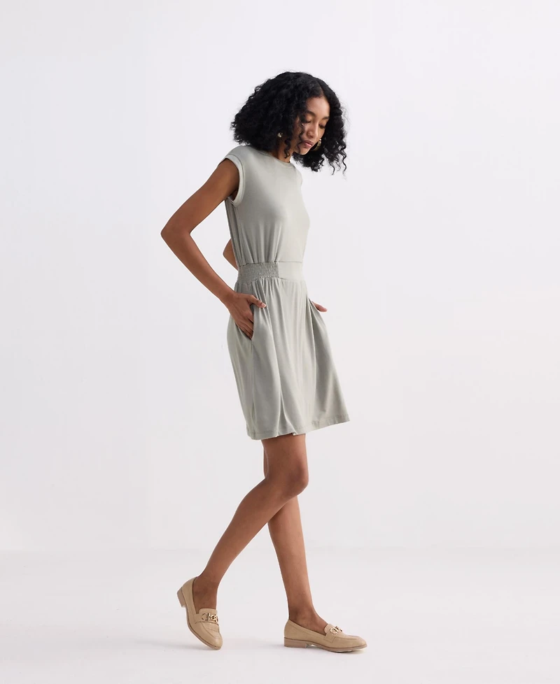 Reistor Women's Short Dress With Smocking Side Detail Light Olive