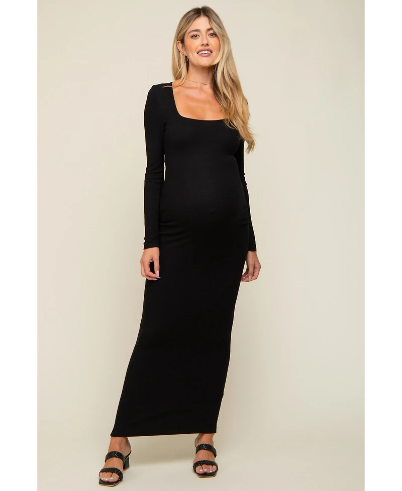 Pinkblush Black Ribbed Long Sleeve Square Neck Maternity Maxi Dress